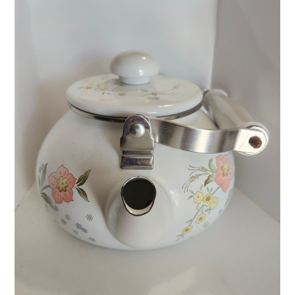 Vintage "Temptation" Gailstyn-Sutton White Enamel Floral Patern Tea Pot Kettle